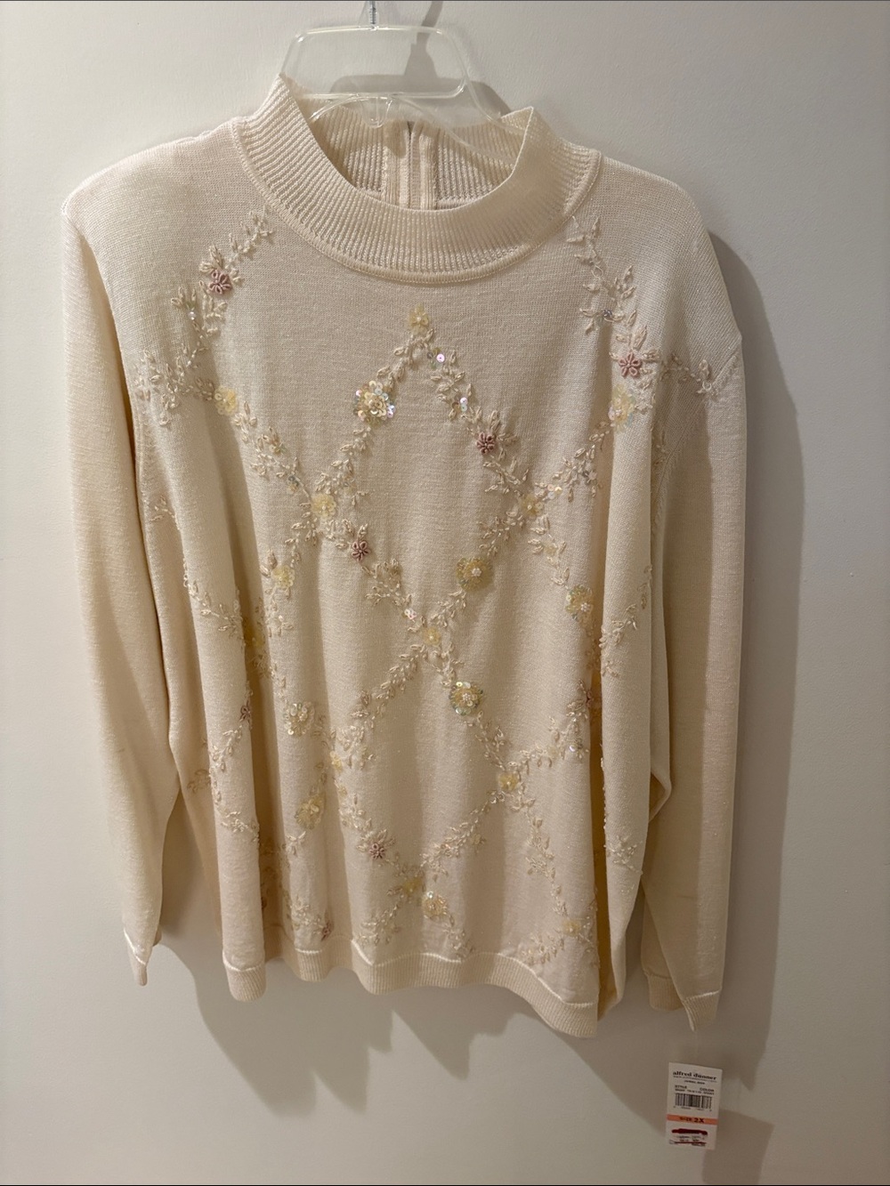 Alfred Dunner Cream Embellished Mock Neck Sweater